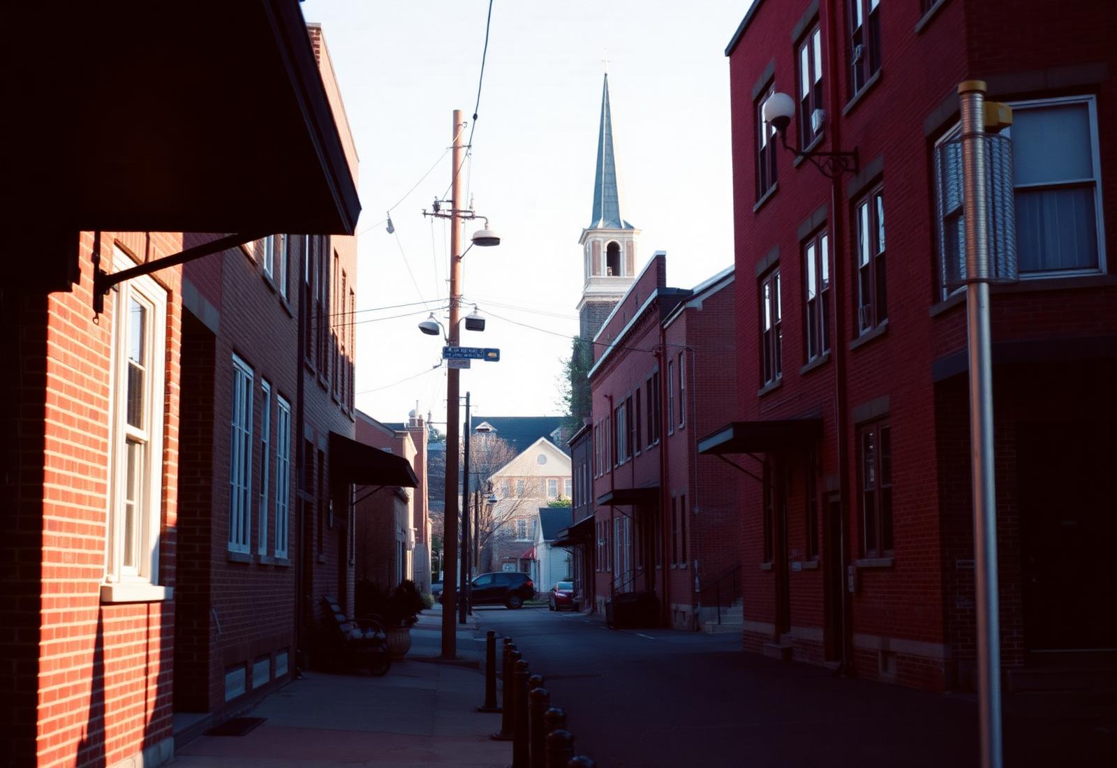 A Winston-Salem street with a steeple in the distance