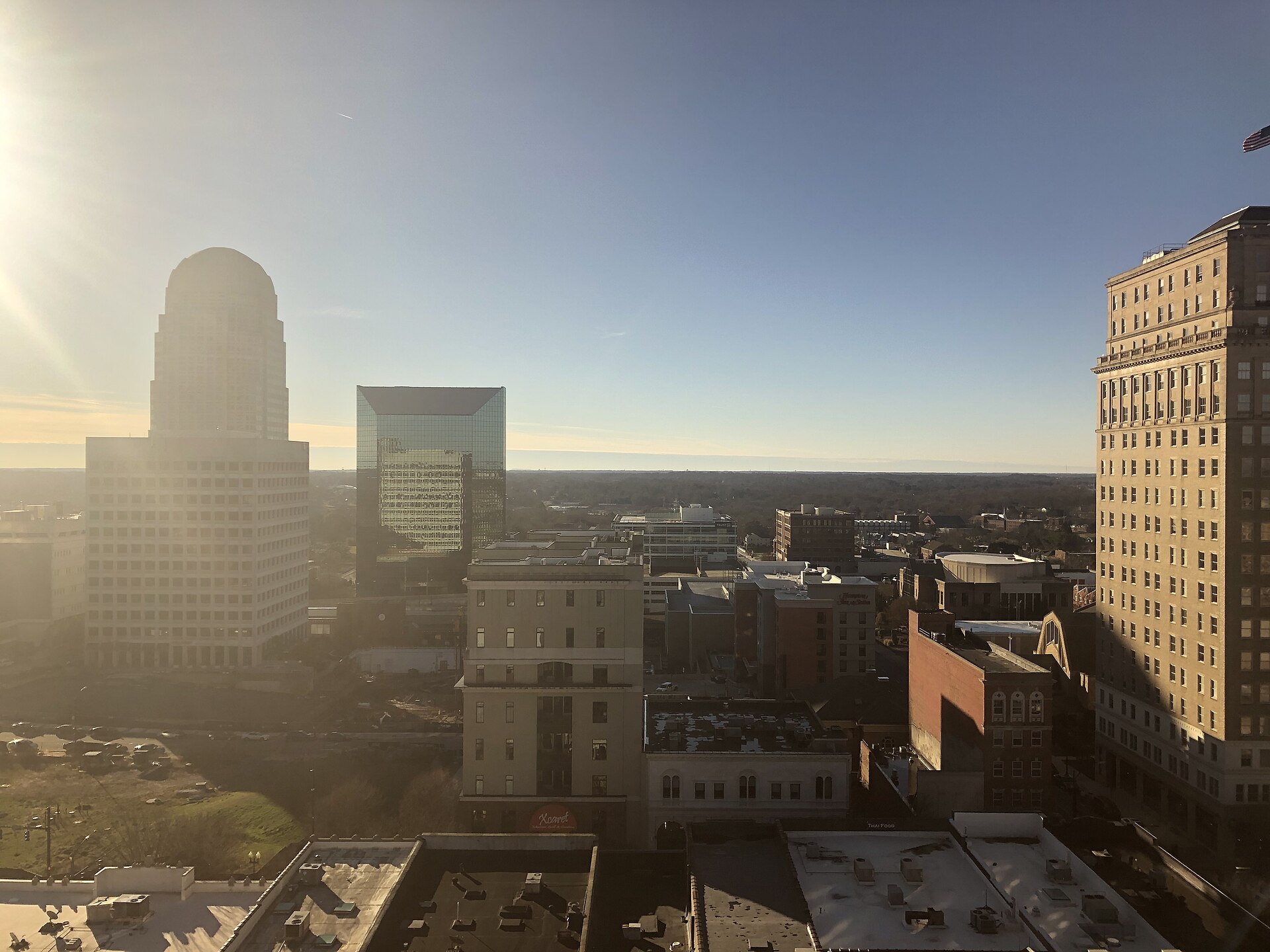 A Winston-Salem street with a steeple in the distance